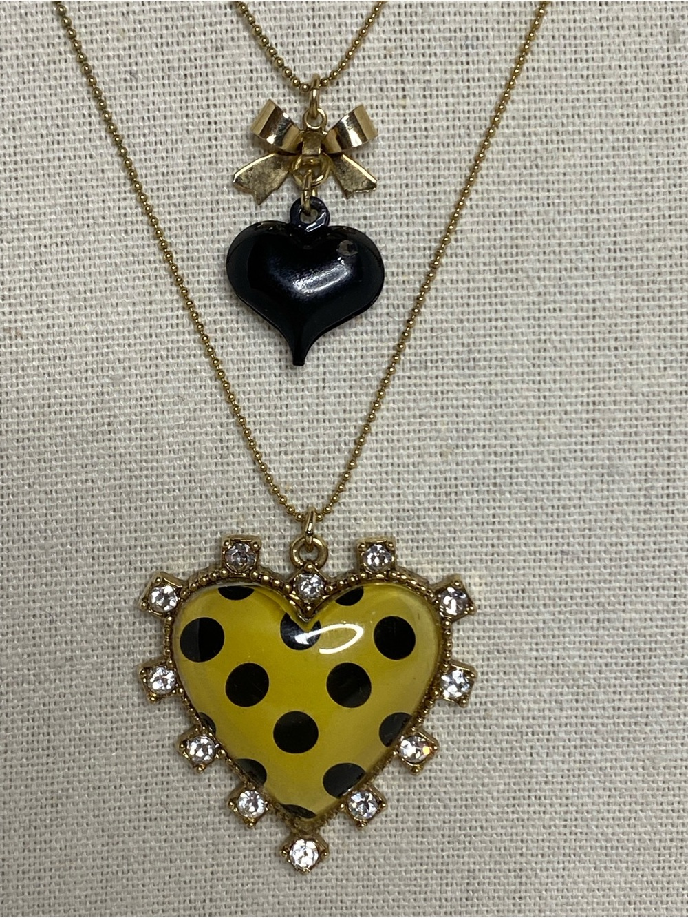 Betsey Johnson Y2K Style Yellow Polka Dot Heart Necklace Rhinestone Bow Charm